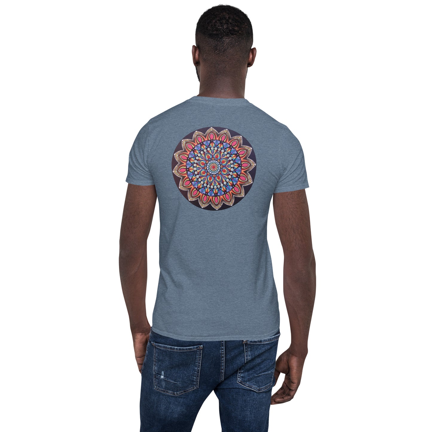 Unisex Softstyle T-Shirt (mandala with pink petals on back | VITALITY in black lettering on front)