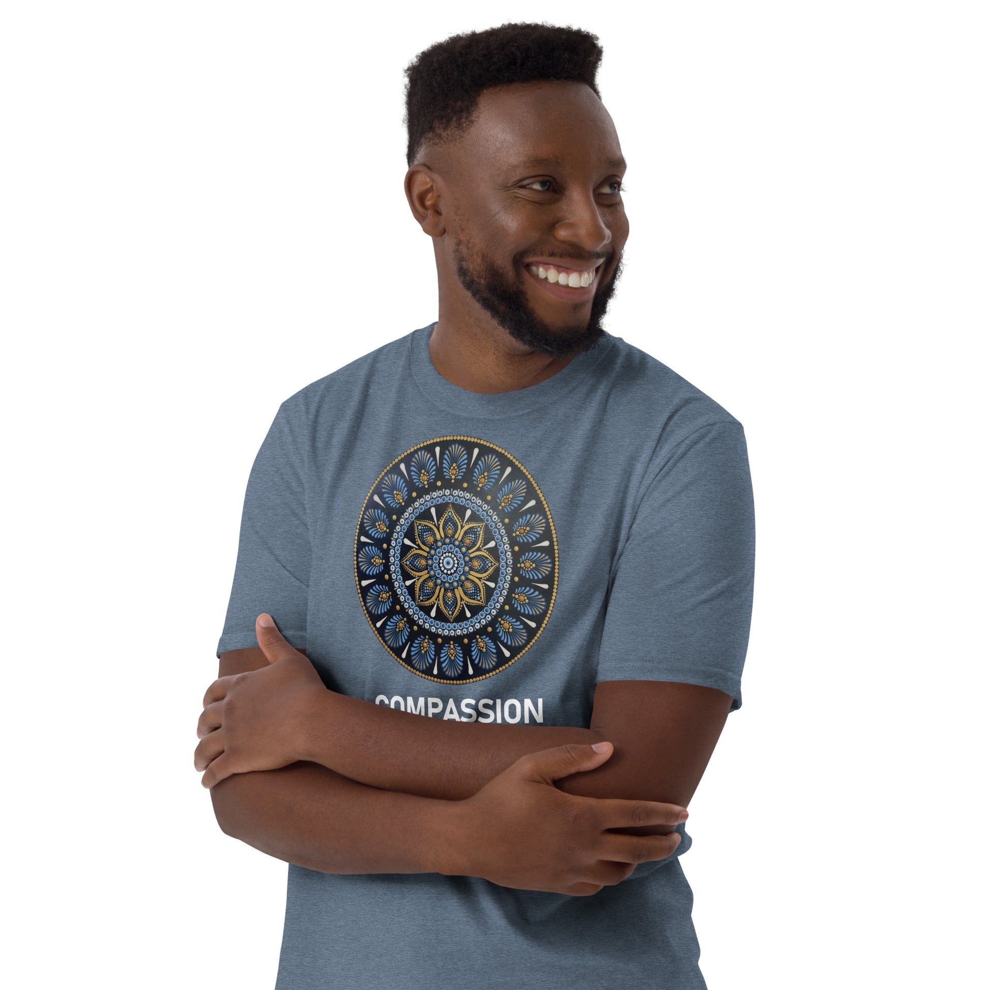 Unisex Softstyle T-Shirt (mandala with gold rim | on front | COMPASSION in white lettering)