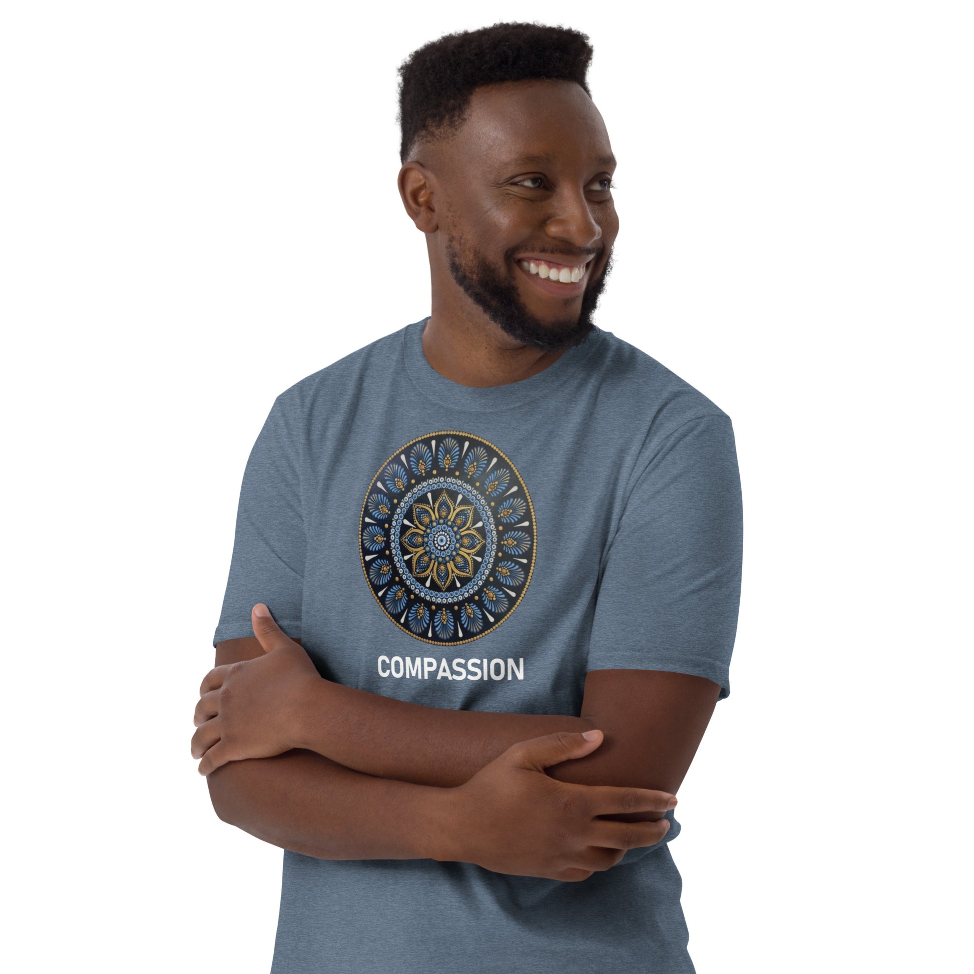 Unisex Softstyle T-Shirt (mandala with gold rim | on front | COMPASSION in white lettering)