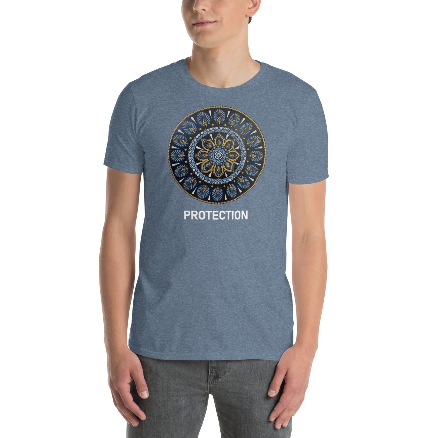Unisex Softstyle T-Shirt (mandala with gold rim on front | PROTECTION in white lettering)