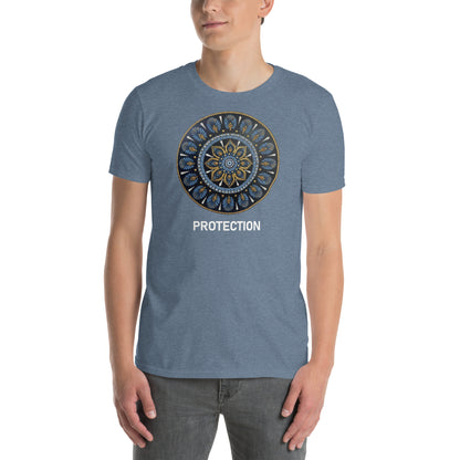 Unisex Softstyle T-Shirt (mandala with gold rim on front | PROTECTION in white lettering)