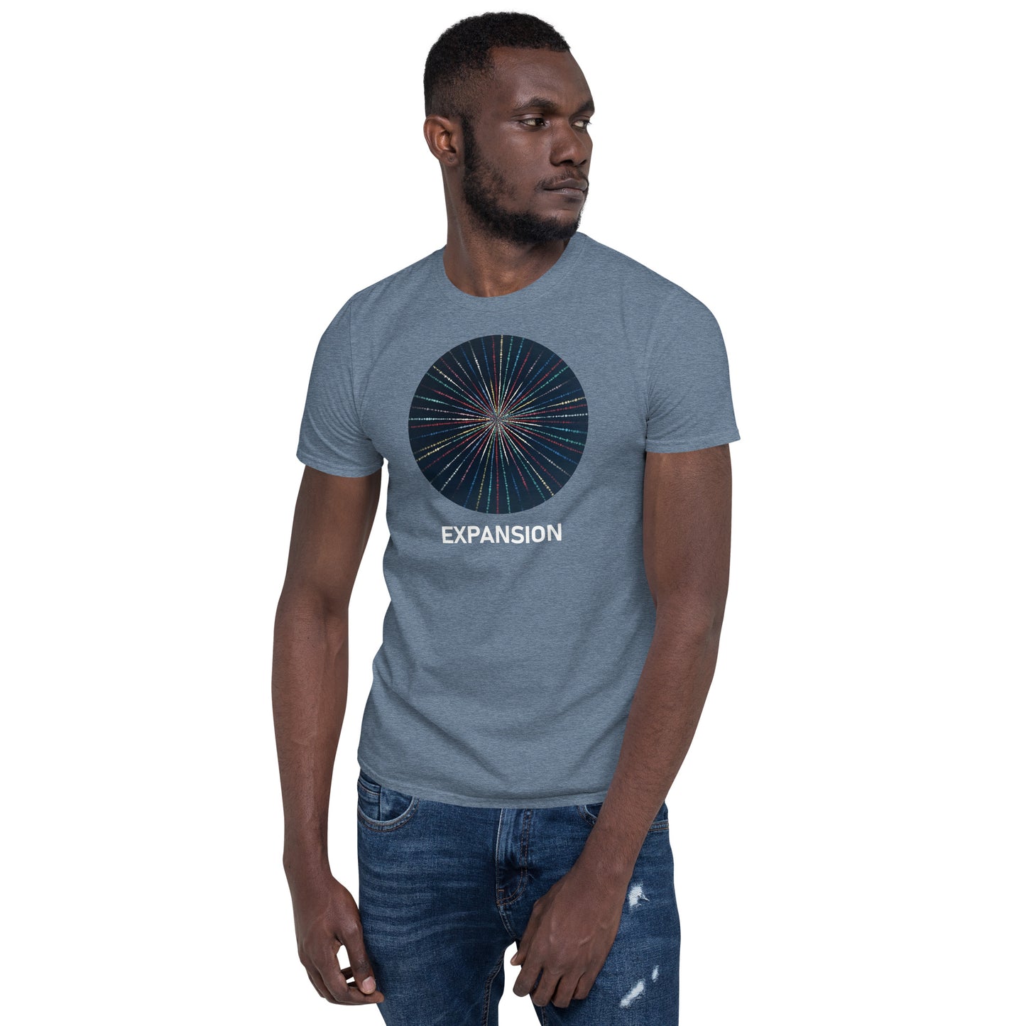 Unisex Softstyle T-Shirt (mandala with streams of light on front | EXPANSION in white lettering)