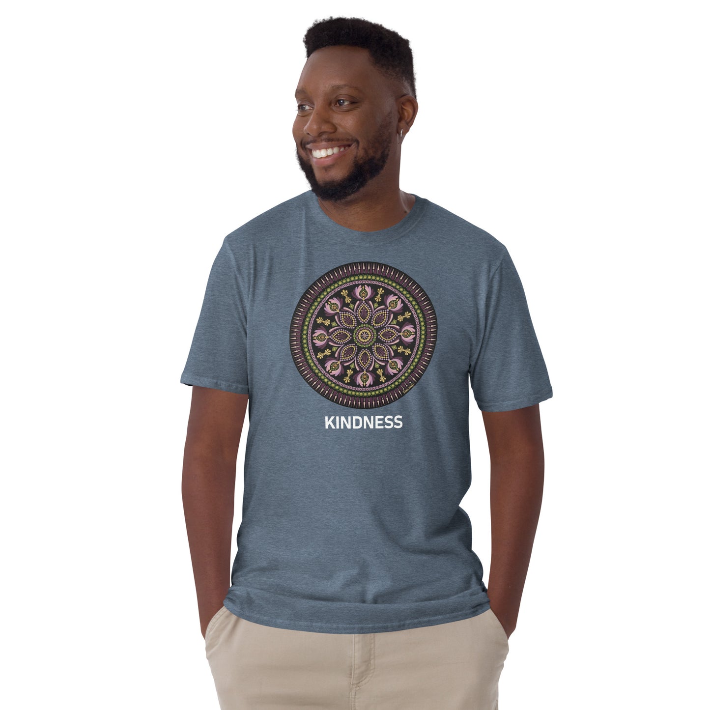 Unisex Softstyle T-Shirt (mandala with magenta rim on front | KINDNESS in white lettering)