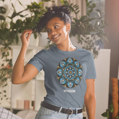 Unisex Softstyle T-Shirt (mandala with spokes in core on front | WISDOM in white lettering)