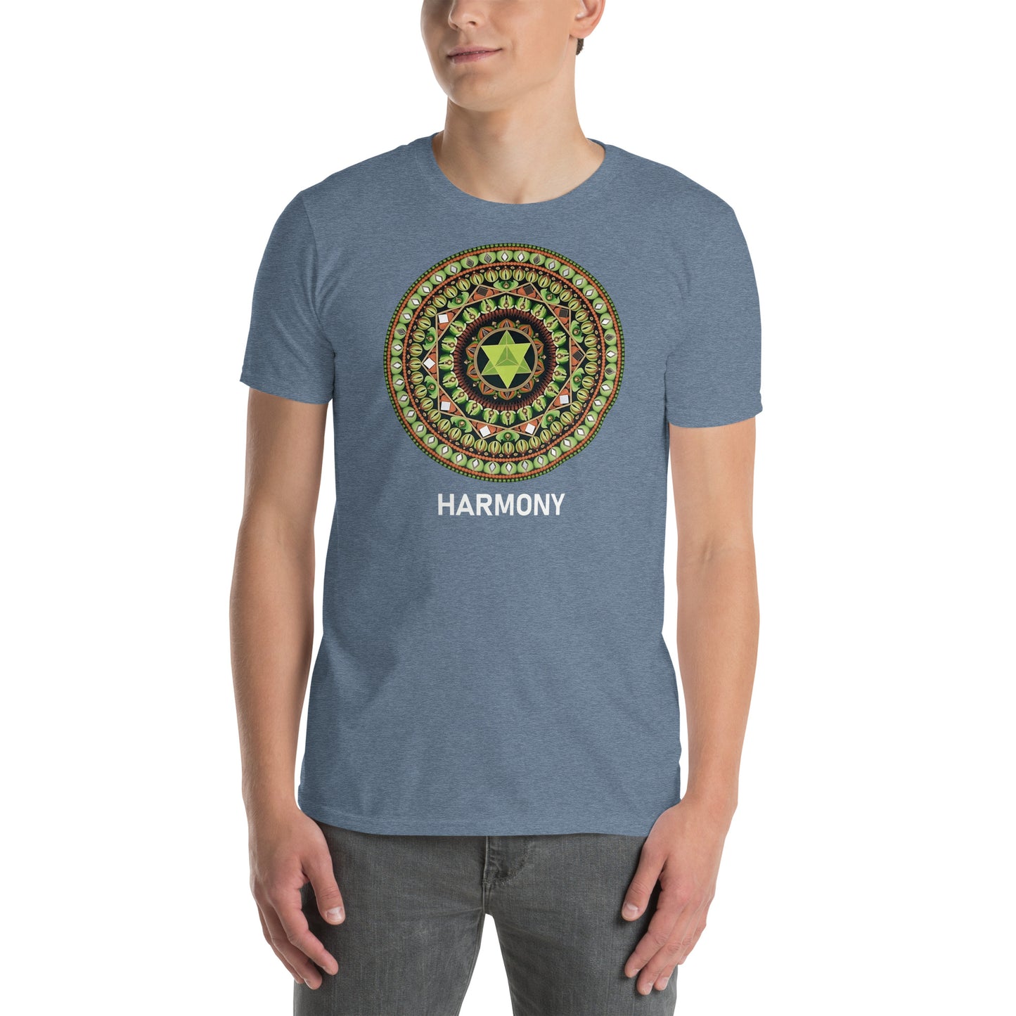 Unisex Softstyle T-Shirt (mandala with green star | on front | HARMONY in white lettering)