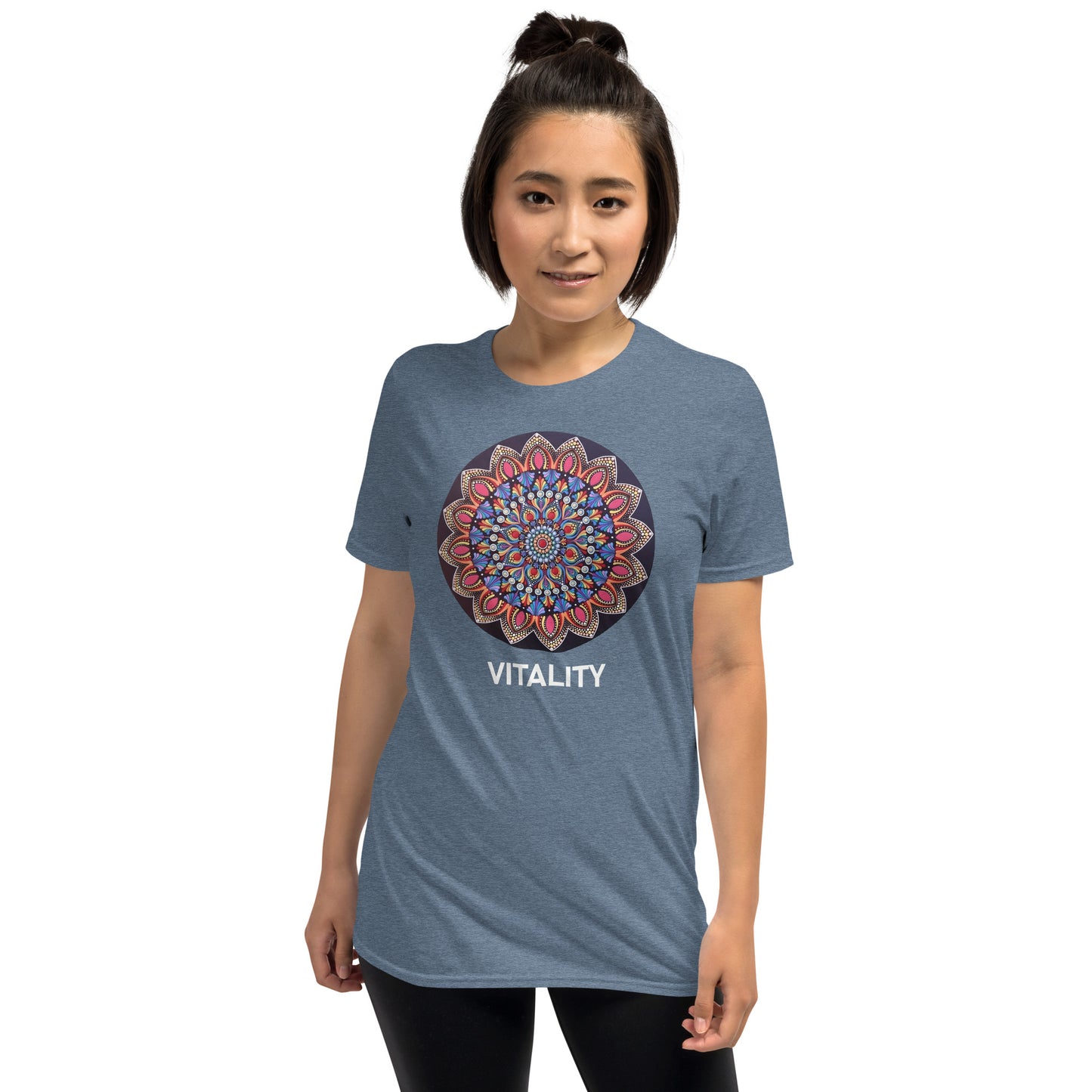 Unisex Softstyle T-Shirt (mandala with pink petals | on front | VITALITY in white lettering)