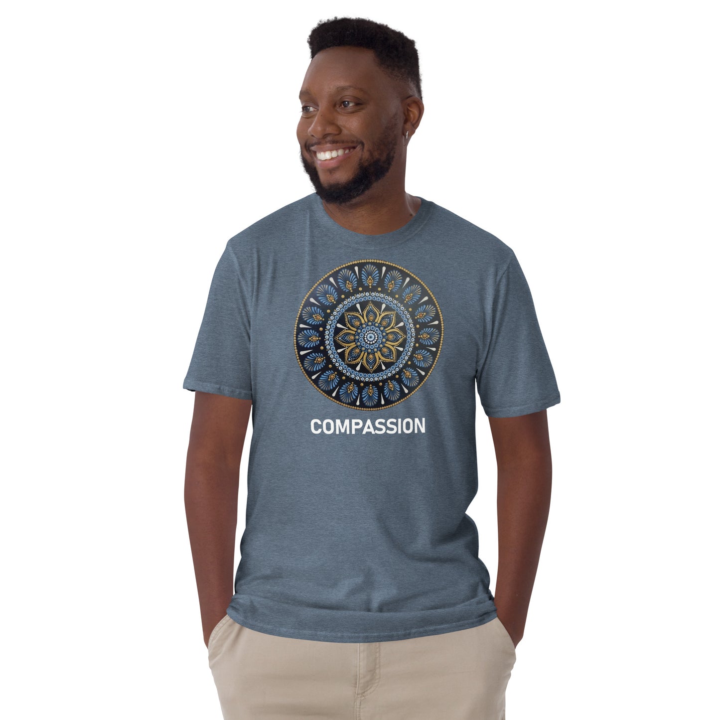 Unisex Softstyle T-Shirt (mandala with gold rim | on front | COMPASSION in white lettering)