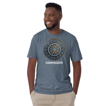 Unisex Softstyle T-Shirt (mandala with gold rim | on front | COMPASSION in white lettering)