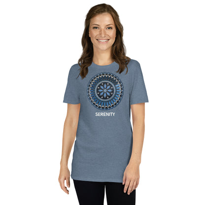 Unisex Softstyle T-Shirt (mandala with blue and white core | on front | SERENITY in white lettering)