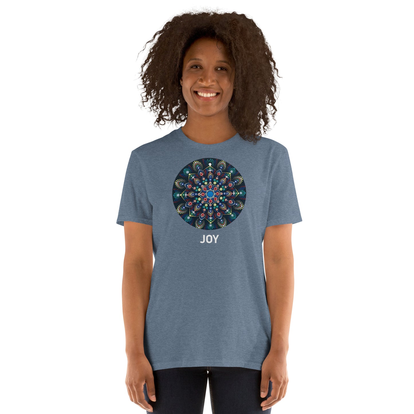 Unisex Softstyle T-Shirt (mandala with colorful dots | on front | JOY in white lettering)