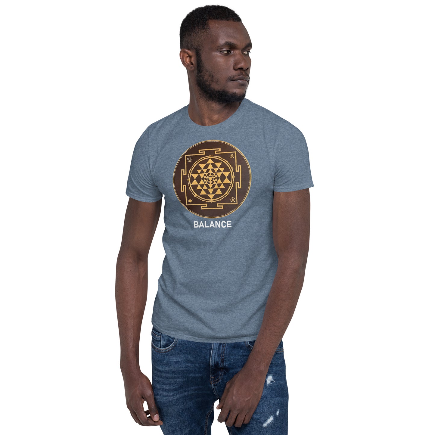 Unisex Softstyle T-Shirt (brown and gold mandala | on front | BALANCE in white lettering)