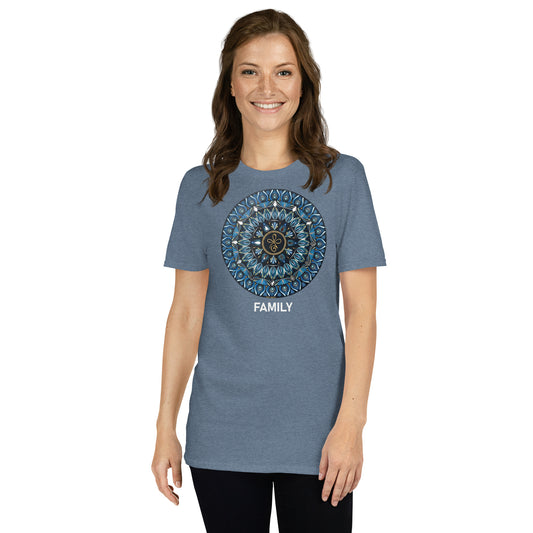 Unisex Softstyle T-Shirt (mandala with 3 loops in core | on front | FAMILY in white lettering)