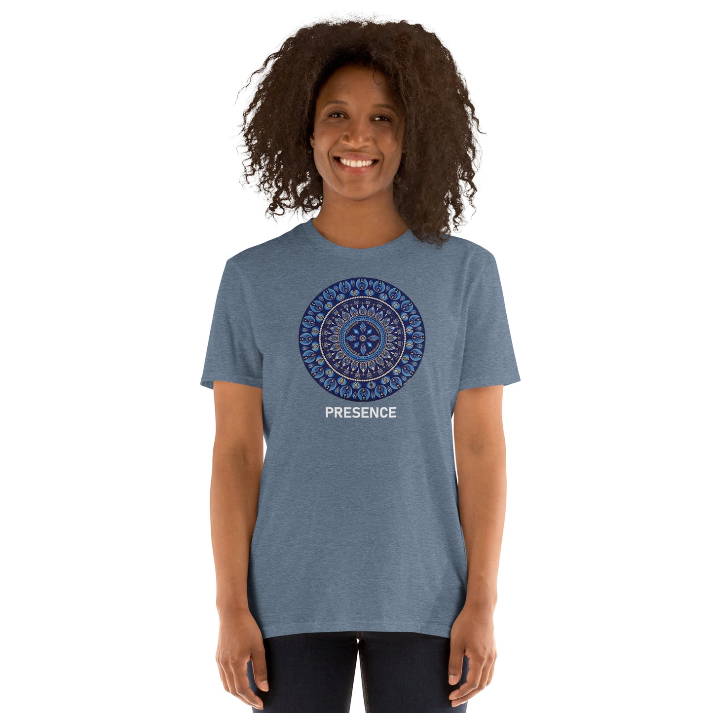 Unisex Softstyle T-Shirt (mandala with 4 diamonds | on front | PRESENCE in white lettering)