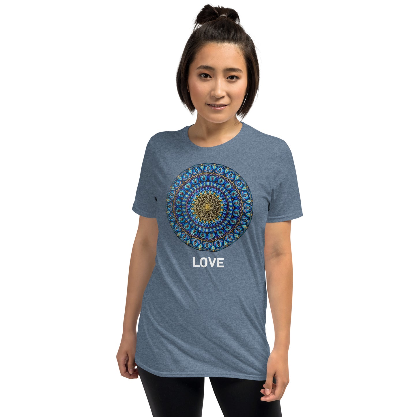 Unisex Softstyle T-Shirt (mandala with golden core | on front | LOVE in white lettering)