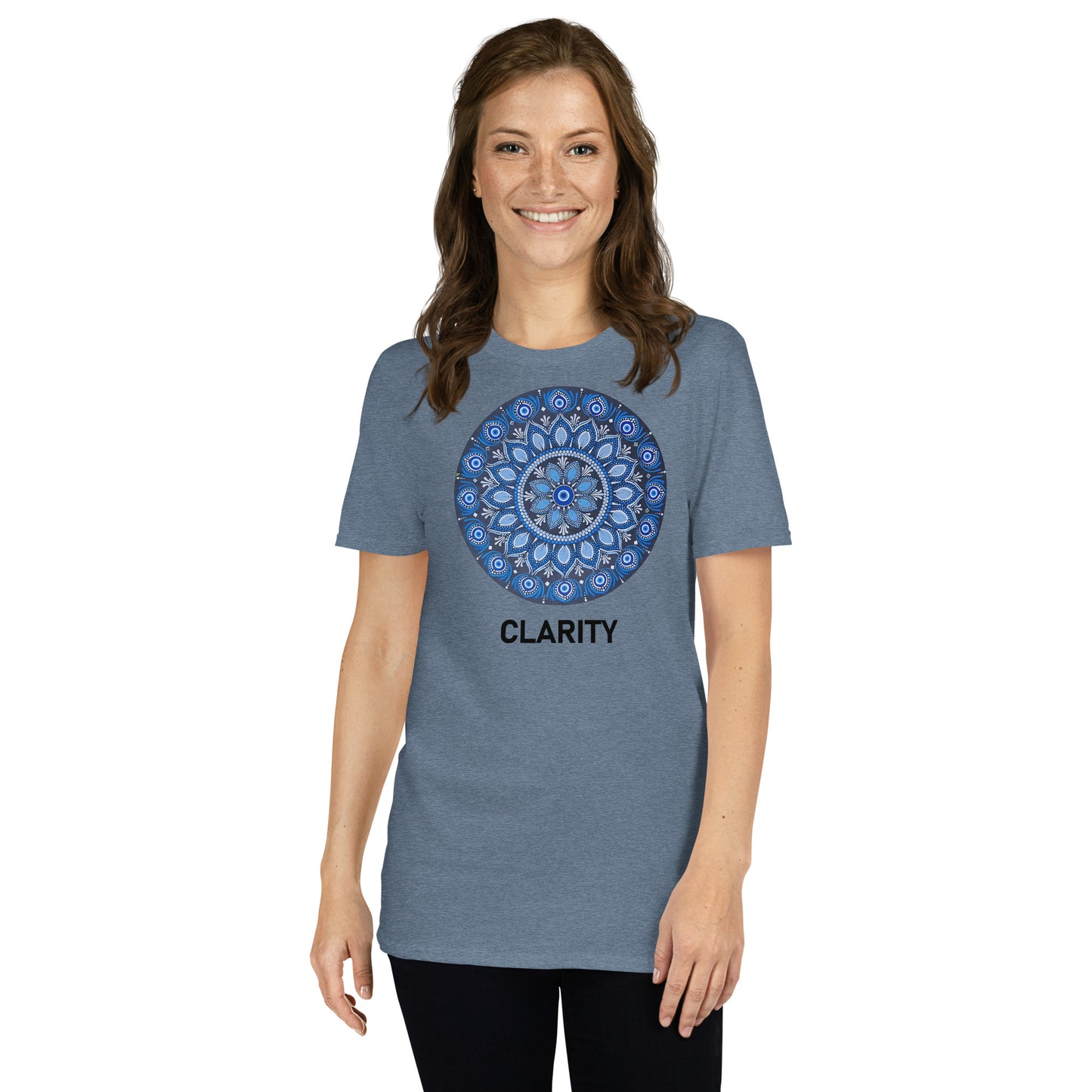 Unisex Softstyle T-Shirt (all blue mandala | on front | CLARITY in black lettering)