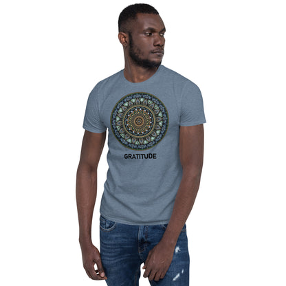 Unisex Softstyle T-Shirt (mandala green and gold rim | on front | GRATITUDE in black lettering)