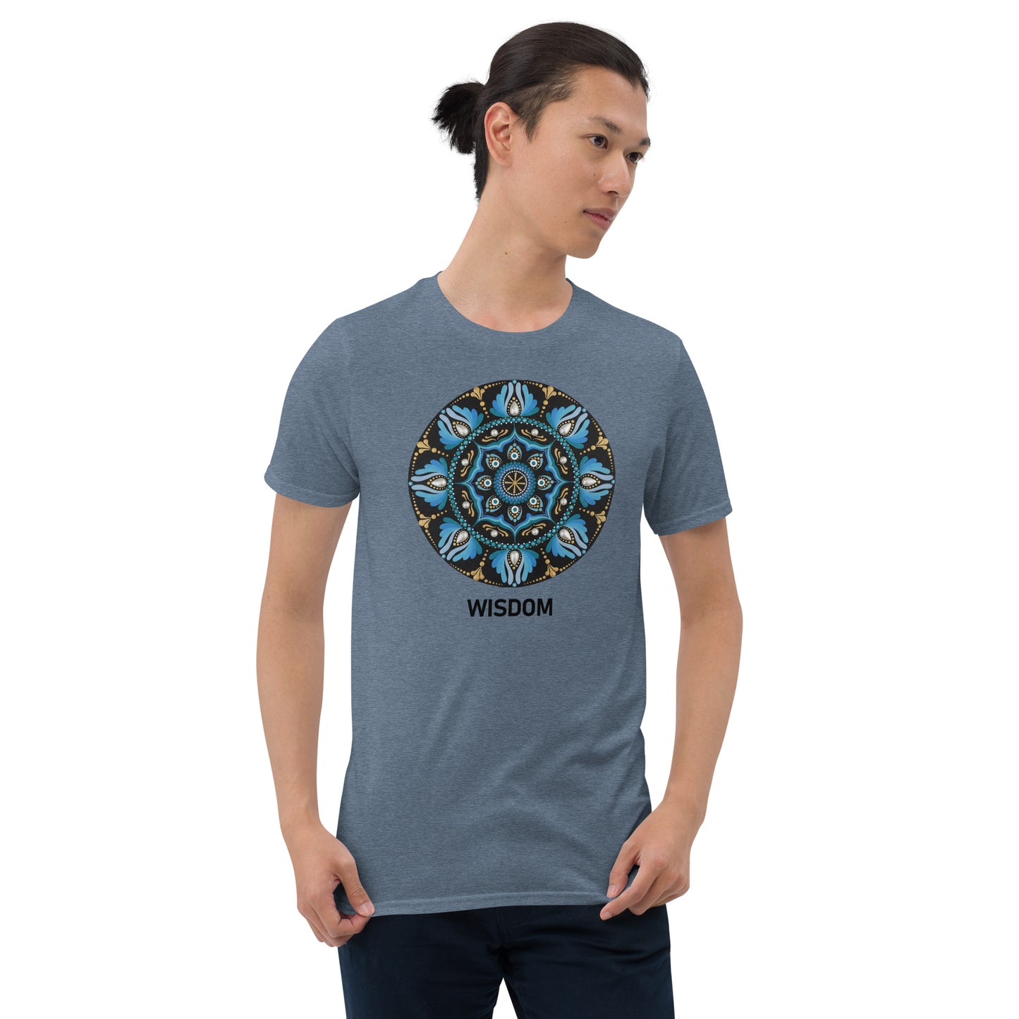 Unisex Softstyle T-Shirt (mandala with spokes in core | on front | WISDOM in black lettering)