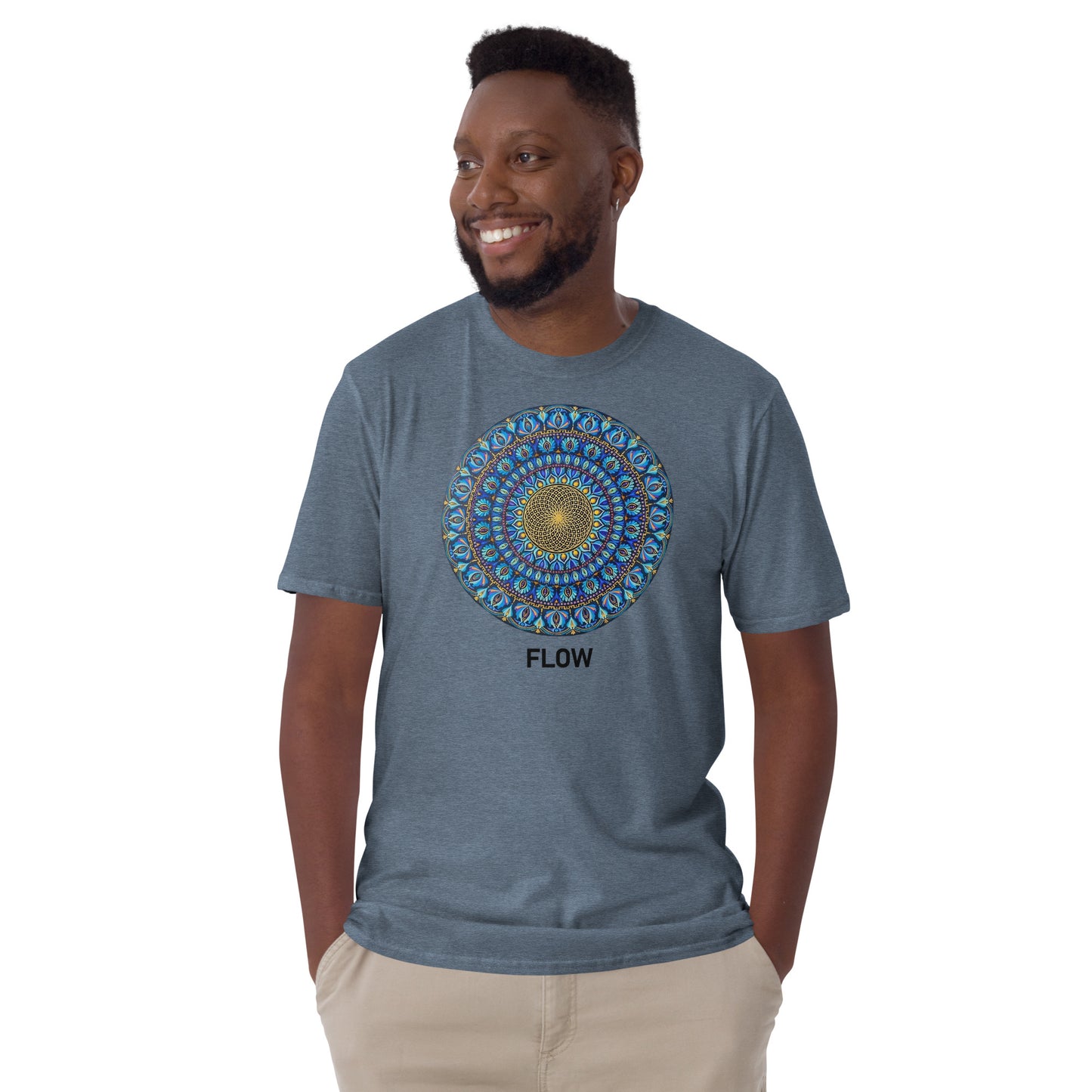 Unisex Softstyle T-Shirt (mandala with golden core | on front | FLOW in black lettering)