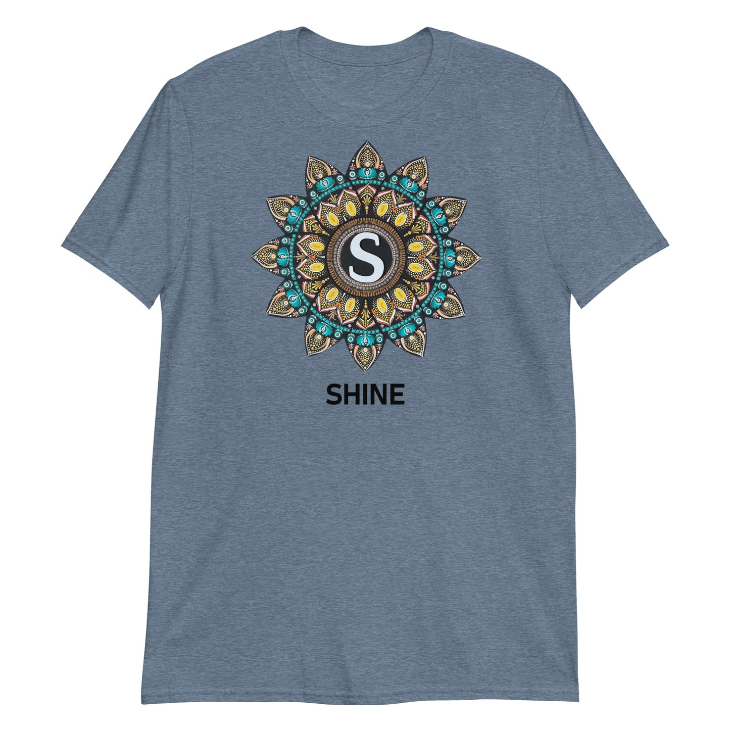 Unisex Softstyle T-Shirt (mandala with "S" in core | on front | SHINE in black lettering)