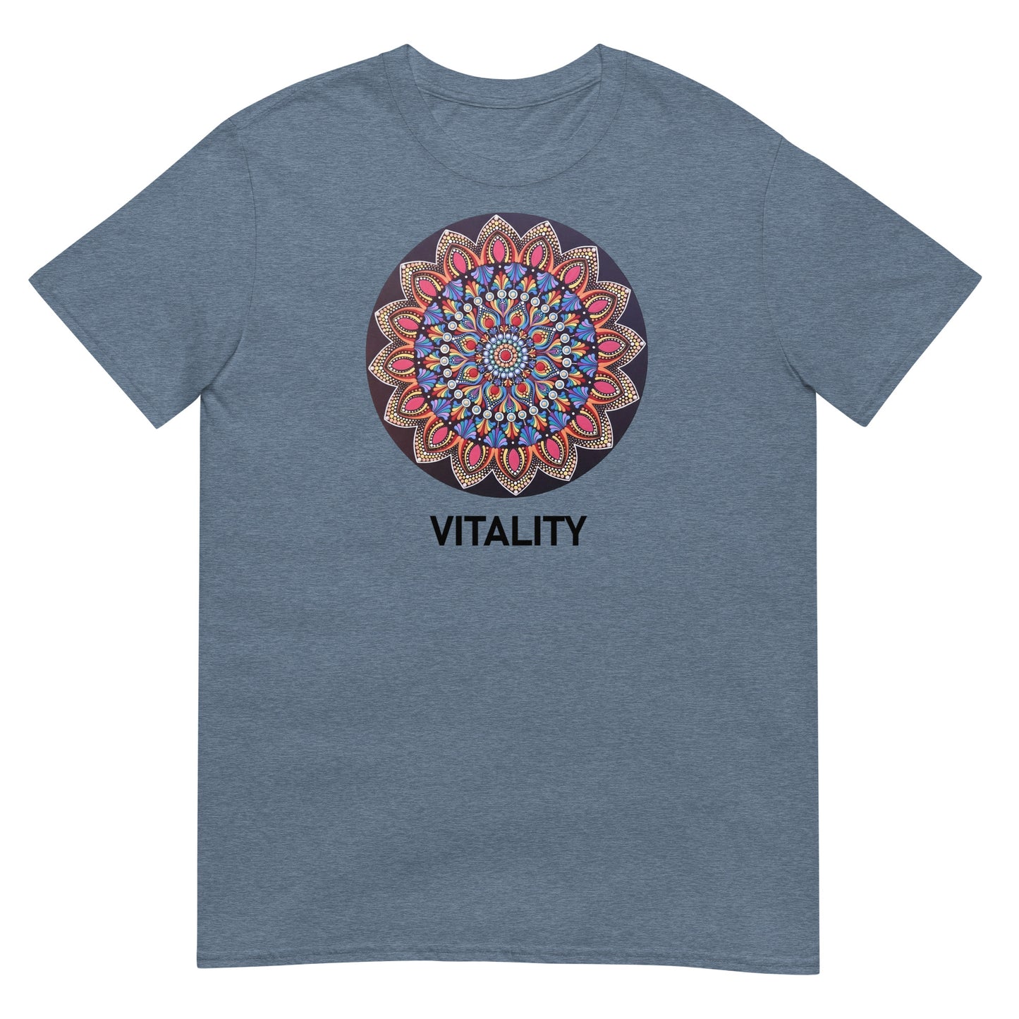 Unisex Softstyle T-Shirt (mandala with pink petals | on front | VITALITY in black lettering)