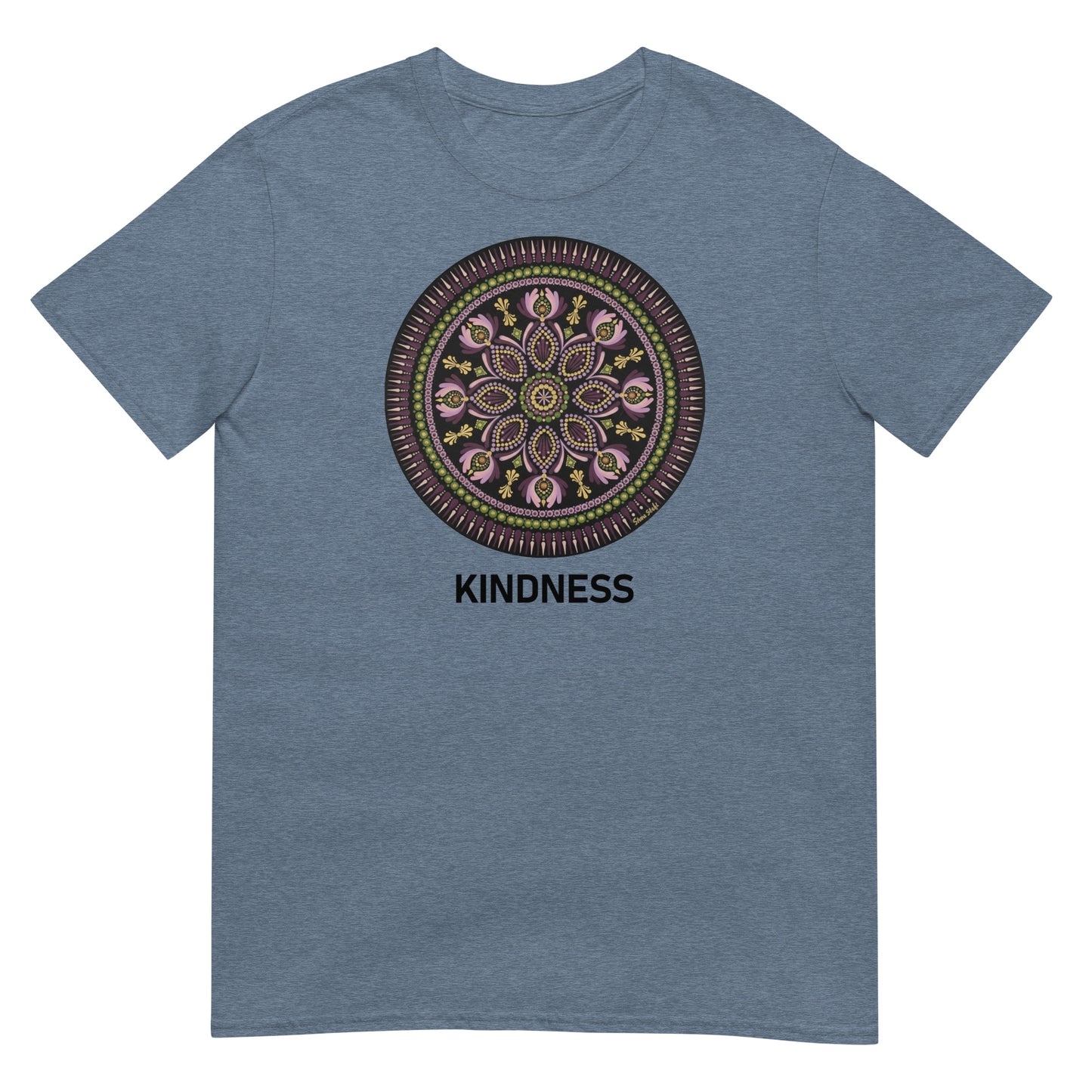 Unisex Softstyle T-Shirt (mandala with magenta rim | on front | KINDNESS in black lettering)