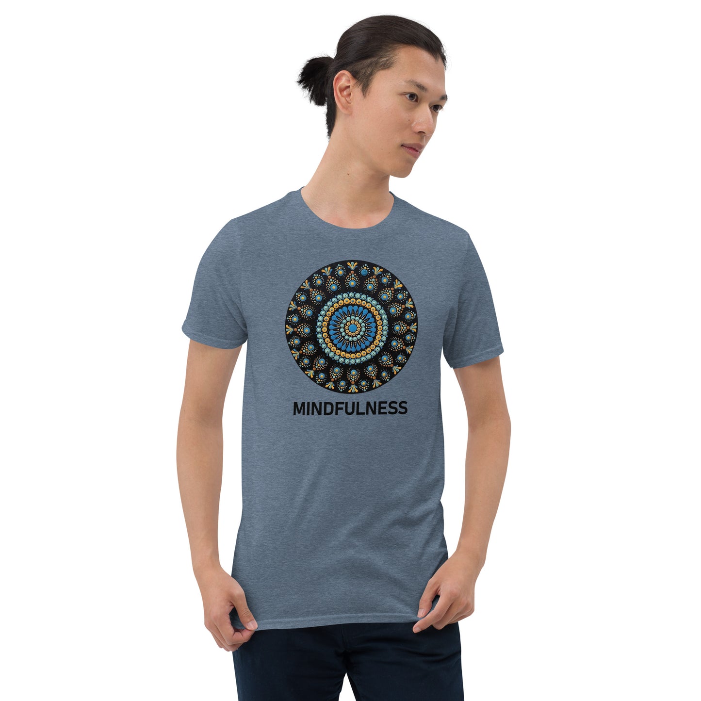 Unisex Softstyle T-Shirt (mandala with blue dots and black back | on front | MINDFULNESS in black lettering)