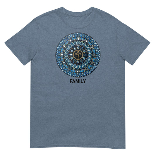 Unisex Softstyle T-Shirt (mandala with 3 loops in core | on front | FAMILY in black lettering)