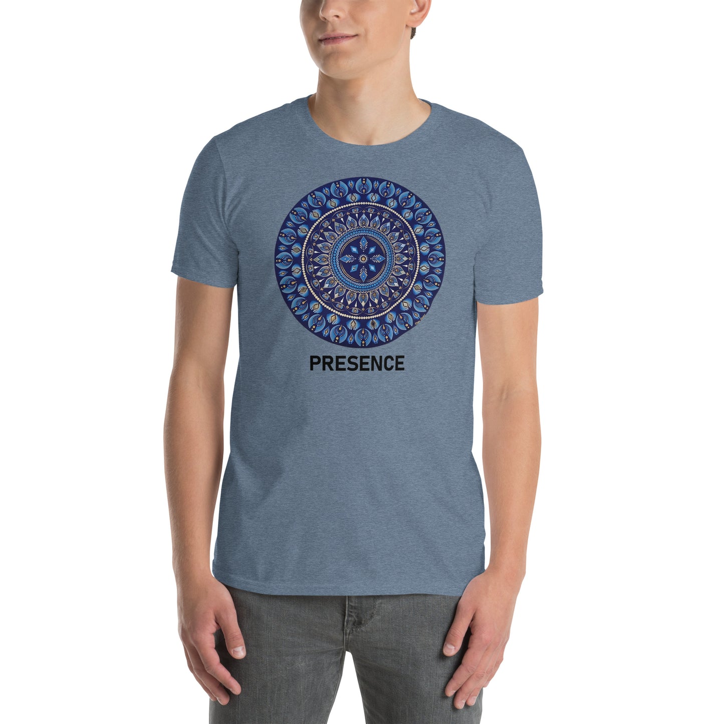 Unisex Softstyle T-Shirt (mandala with 4 diamonds | on front | PRESENCE in black lettering)