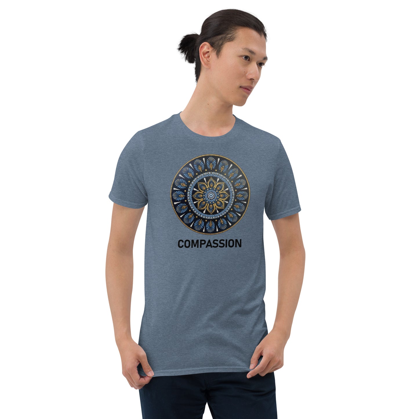 Unisex Softstyle T-Shirt (mandala with gold rim | on front | COMPASSION in black lettering)