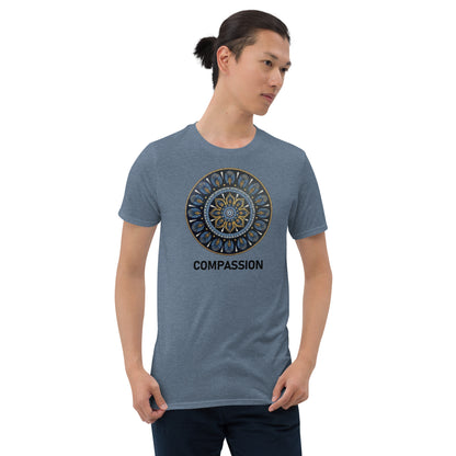 Unisex Softstyle T-Shirt (mandala with gold rim | on front | COMPASSION in black lettering)