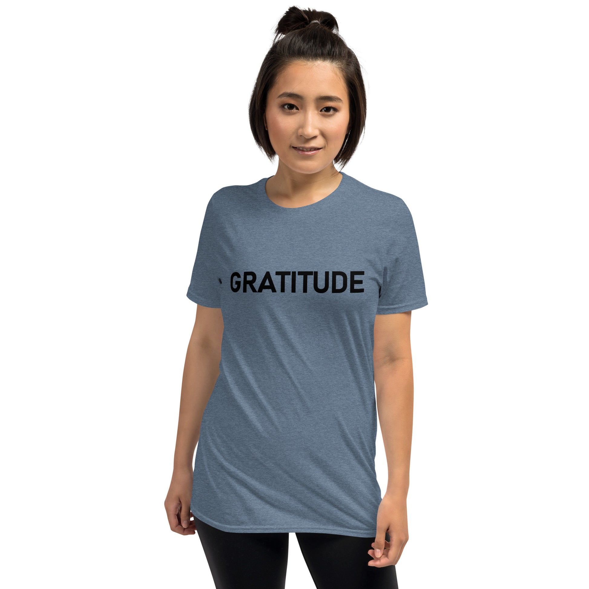 Unisex Softstyle T-Shirt (mandala green and gold rim on back | GRATITUDE in black lettering on front)