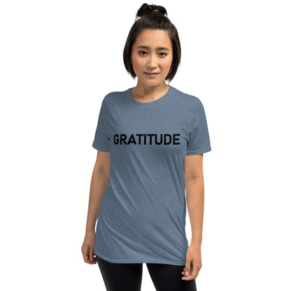 Unisex Softstyle T-Shirt (mandala green and gold rim on back | GRATITUDE in black lettering on front)