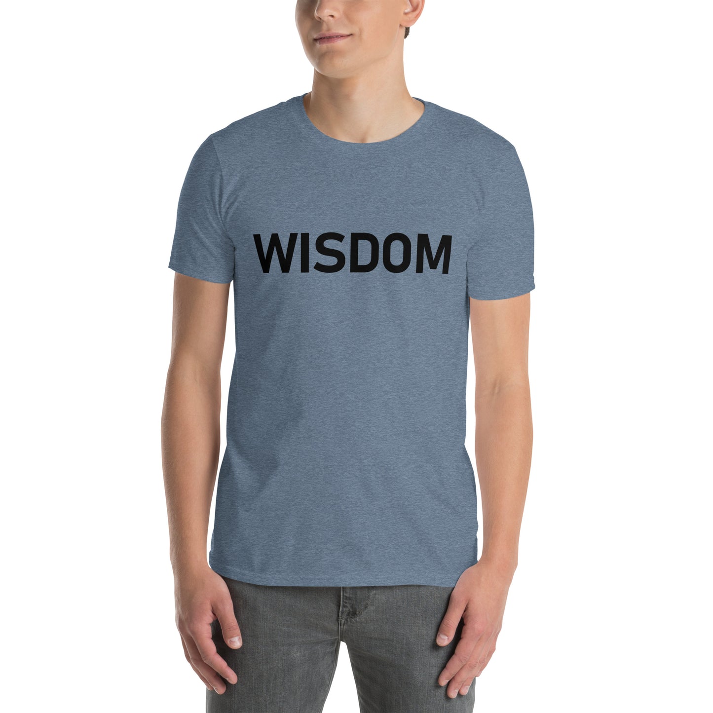 Unisex Softstyle T-Shirt (mandala with spokes in core on back | WISDOM in black lettering on front)