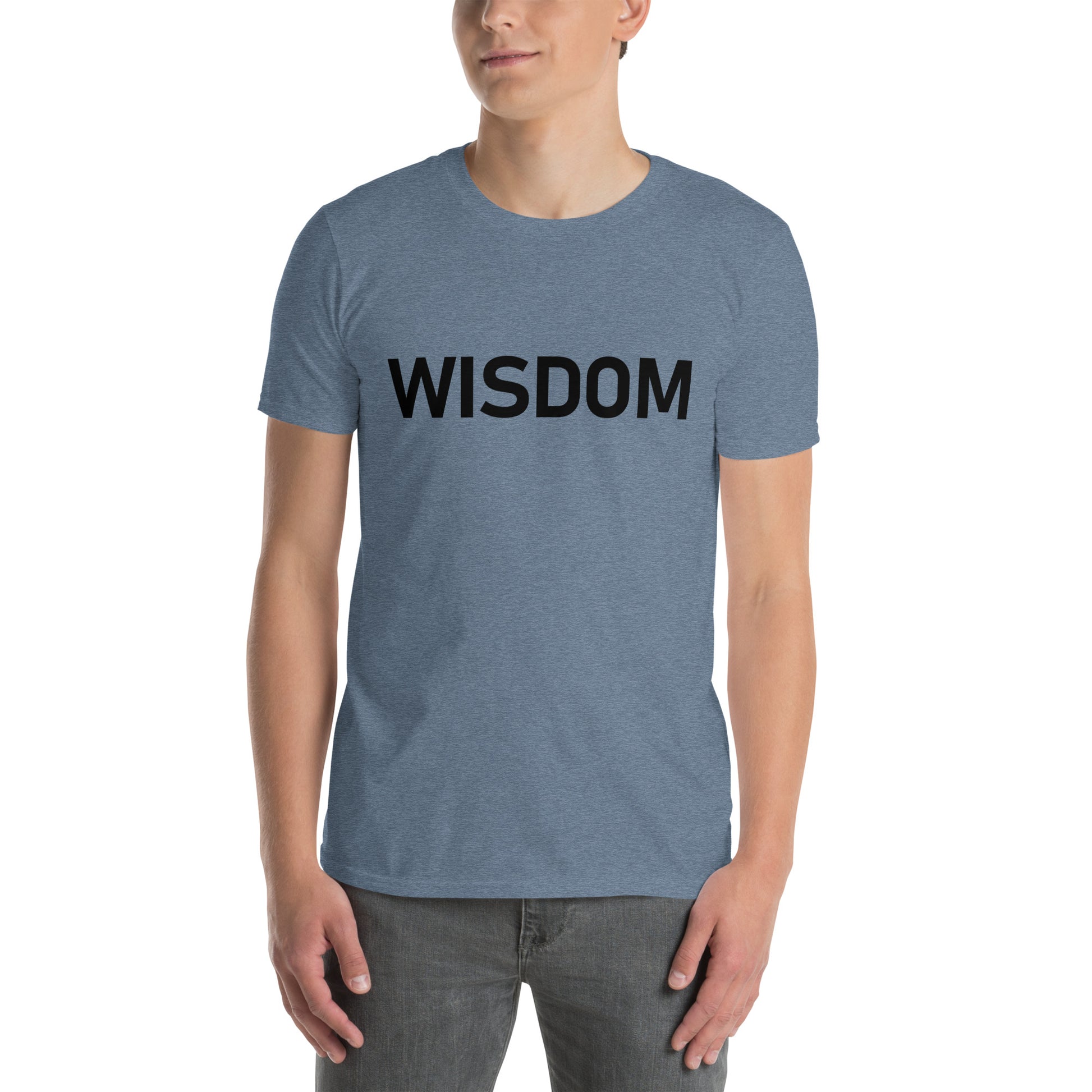 Unisex Softstyle T-Shirt (mandala with spokes in core on back | WISDOM in black lettering on front)