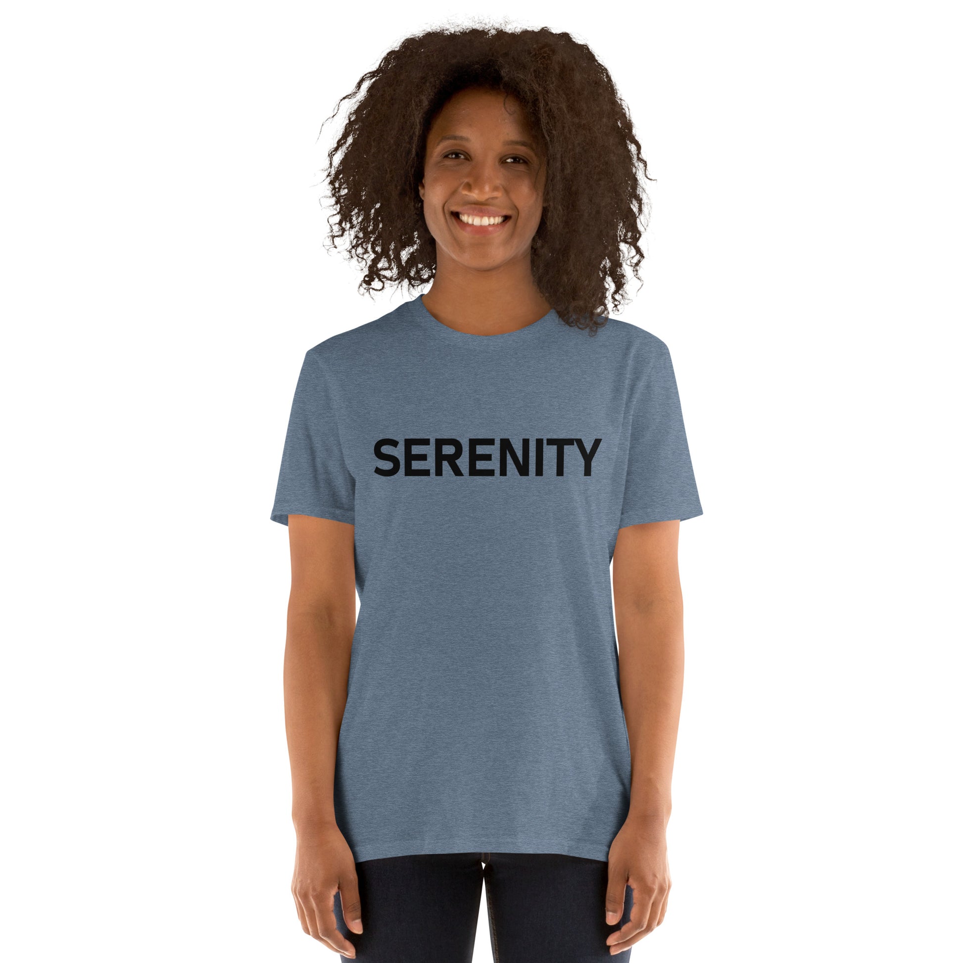 Unisex Softstyle T-Shirt (mandala with blue and white core on back | SERENITY in black lettering on front)