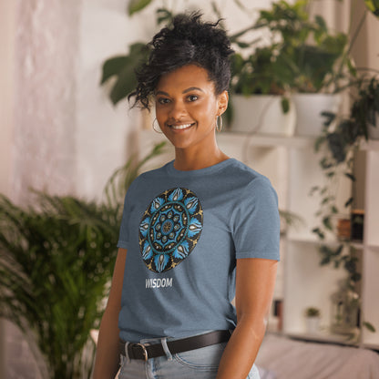 Unisex Softstyle T-Shirt (mandala with spokes in core on front | WISDOM in white lettering)