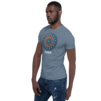 Unisex Softstyle T-Shirt (mandala with red lines | on front | POWER in white lettering)