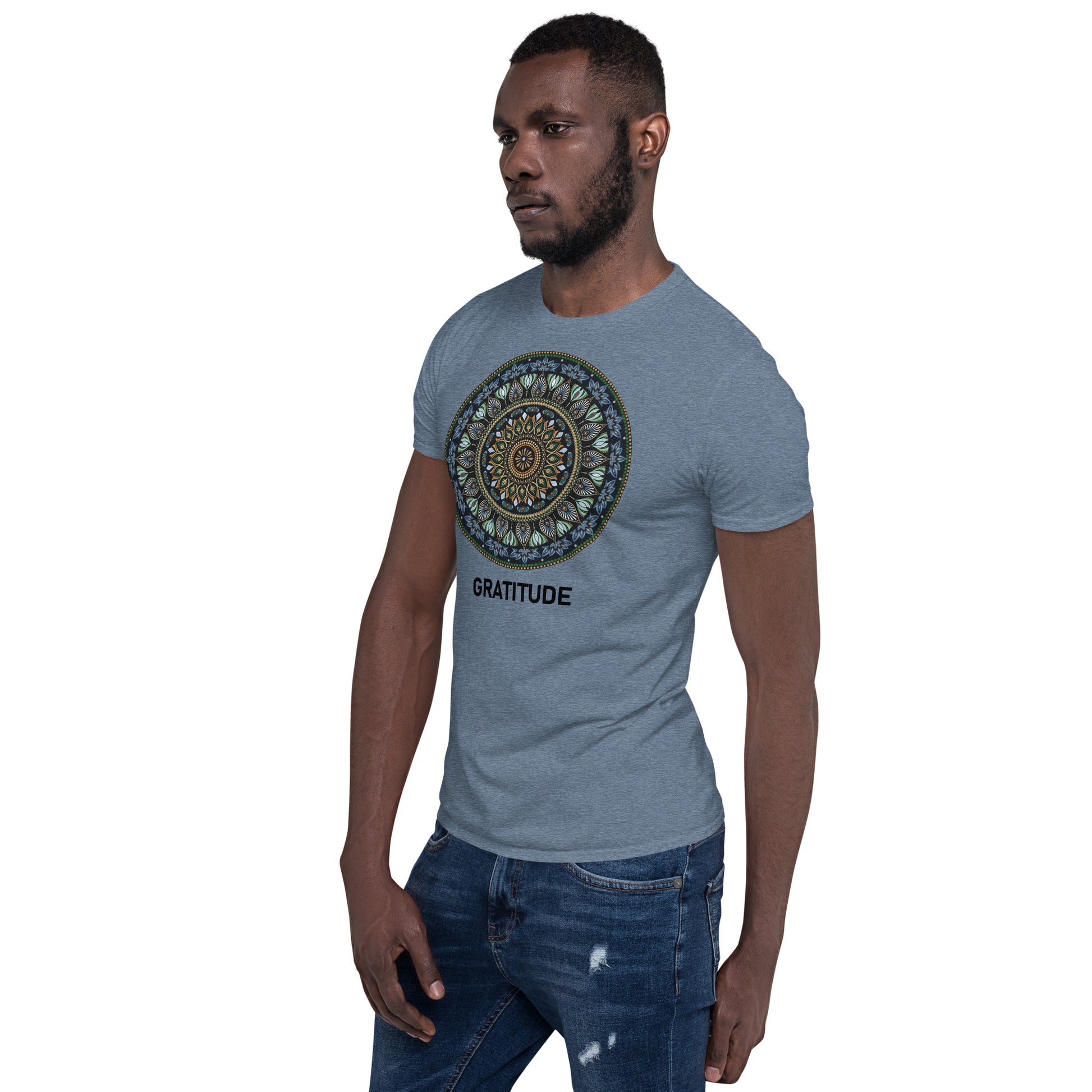 Unisex Softstyle T-Shirt (mandala green and gold rim | on front | GRATITUDE in black lettering)
