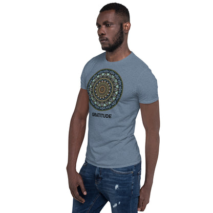Unisex Softstyle T-Shirt (mandala green and gold rim | on front | GRATITUDE in black lettering)