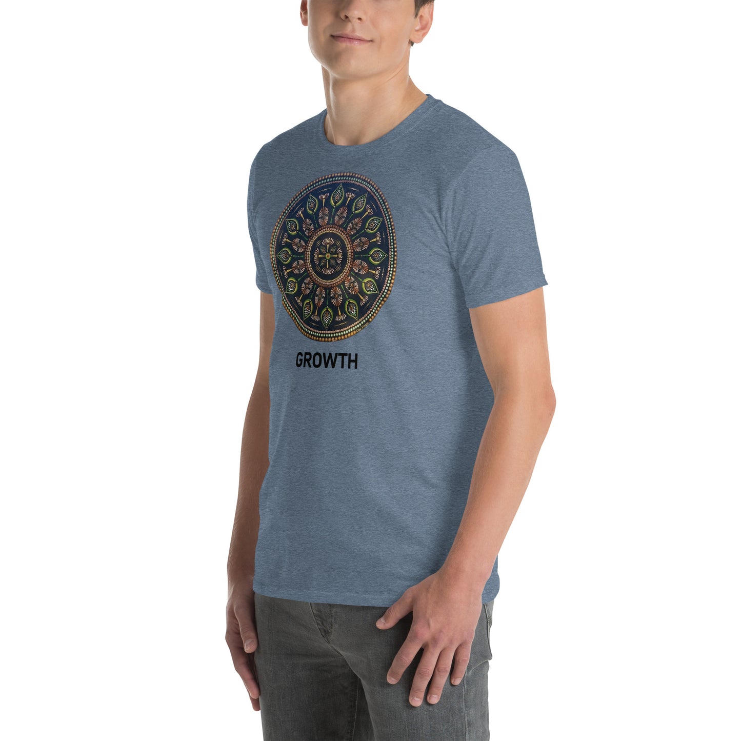 Unisex Softstyle T-Shirt (mandala with cross in the core | on front | GROWTH in black lettering)