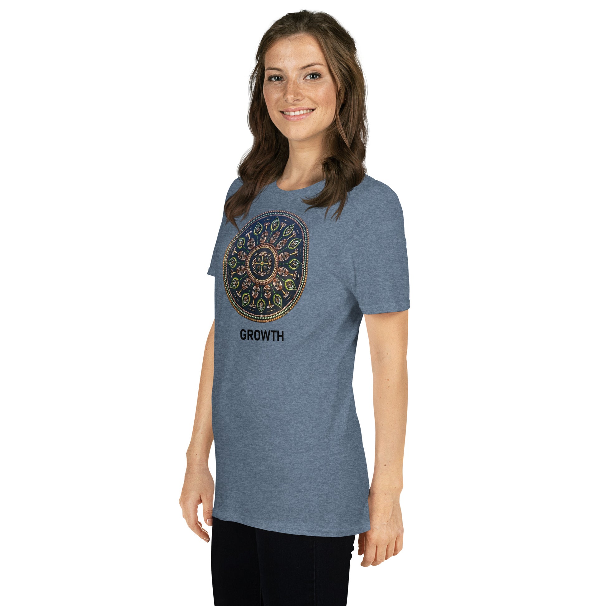 Unisex Softstyle T-Shirt (mandala with cross in the core | on front | GROWTH in black lettering)