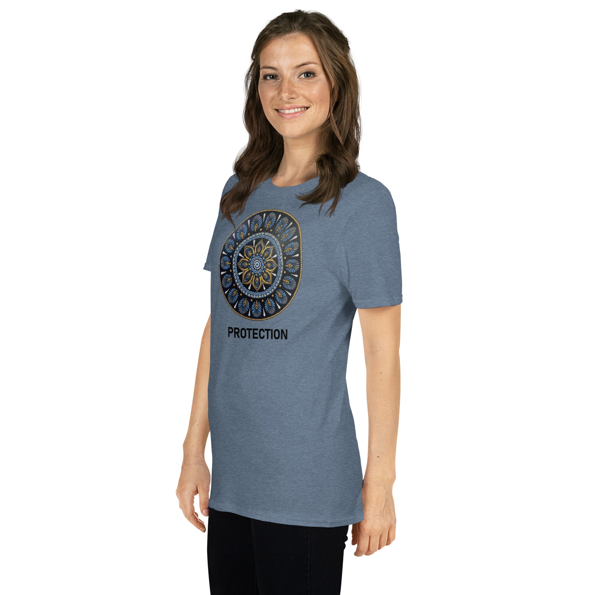 Unisex Softstyle T-Shirt (mandala with gold outer rim | on front | PROTECTION in black lettering)
