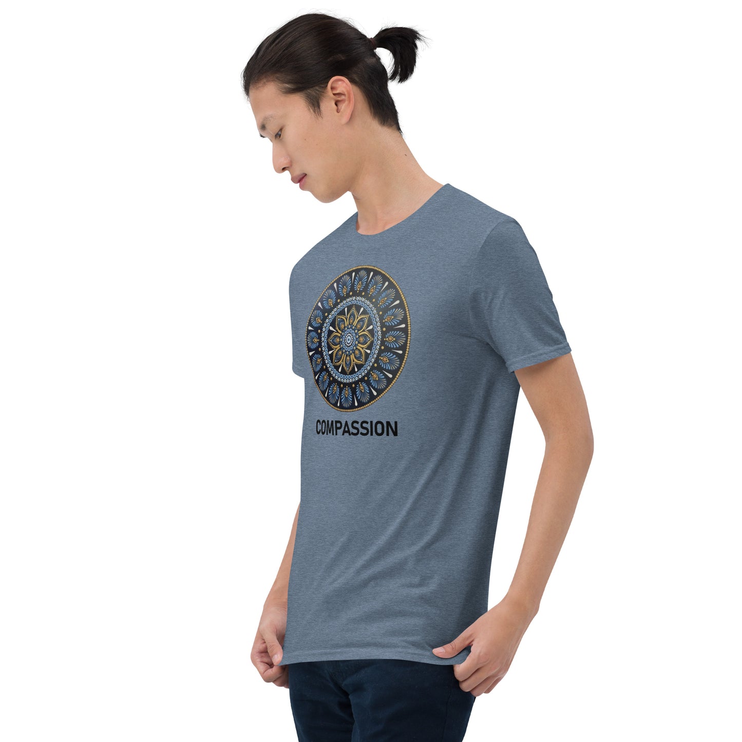Unisex Softstyle T-Shirt (mandala with gold rim | on front | COMPASSION in black lettering)