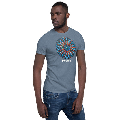 Unisex Softstyle T-Shirt (mandala with red lines | on front | POWER in white lettering)