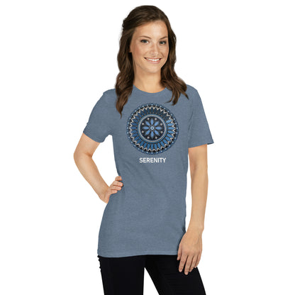 Unisex Softstyle T-Shirt (mandala with blue and white core | on front | SERENITY in white lettering)