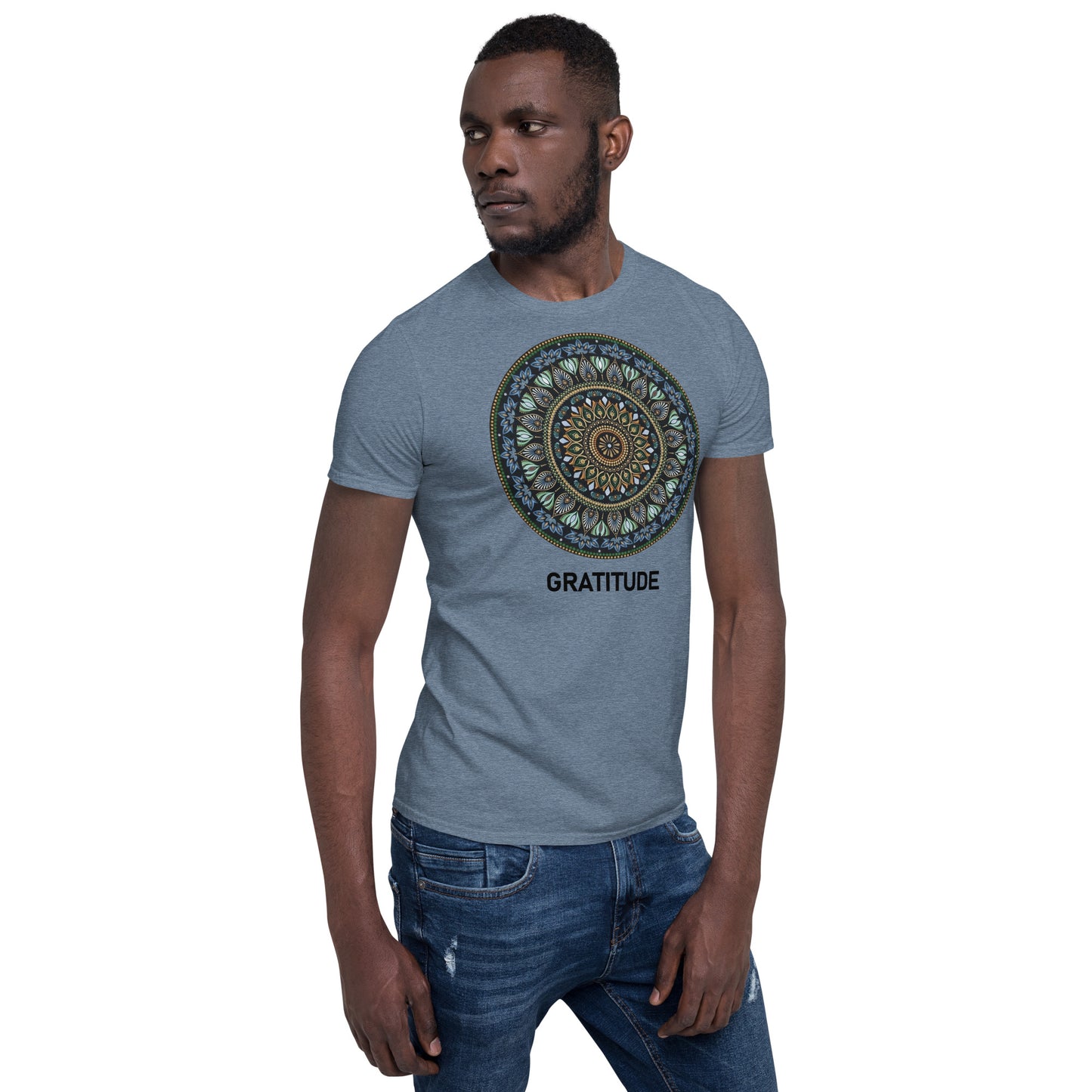 Unisex Softstyle T-Shirt (mandala green and gold rim | on front | GRATITUDE in black lettering)