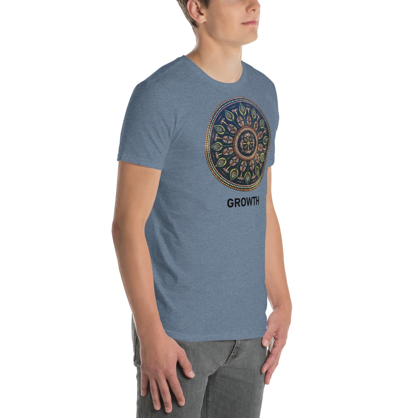 Unisex Softstyle T-Shirt (mandala with cross in the core | on front | GROWTH in black lettering)