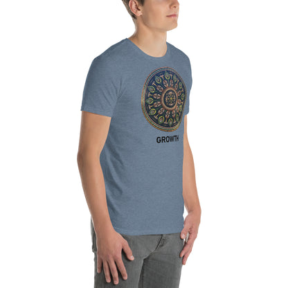 Unisex Softstyle T-Shirt (mandala with cross in the core | on front | GROWTH in black lettering)