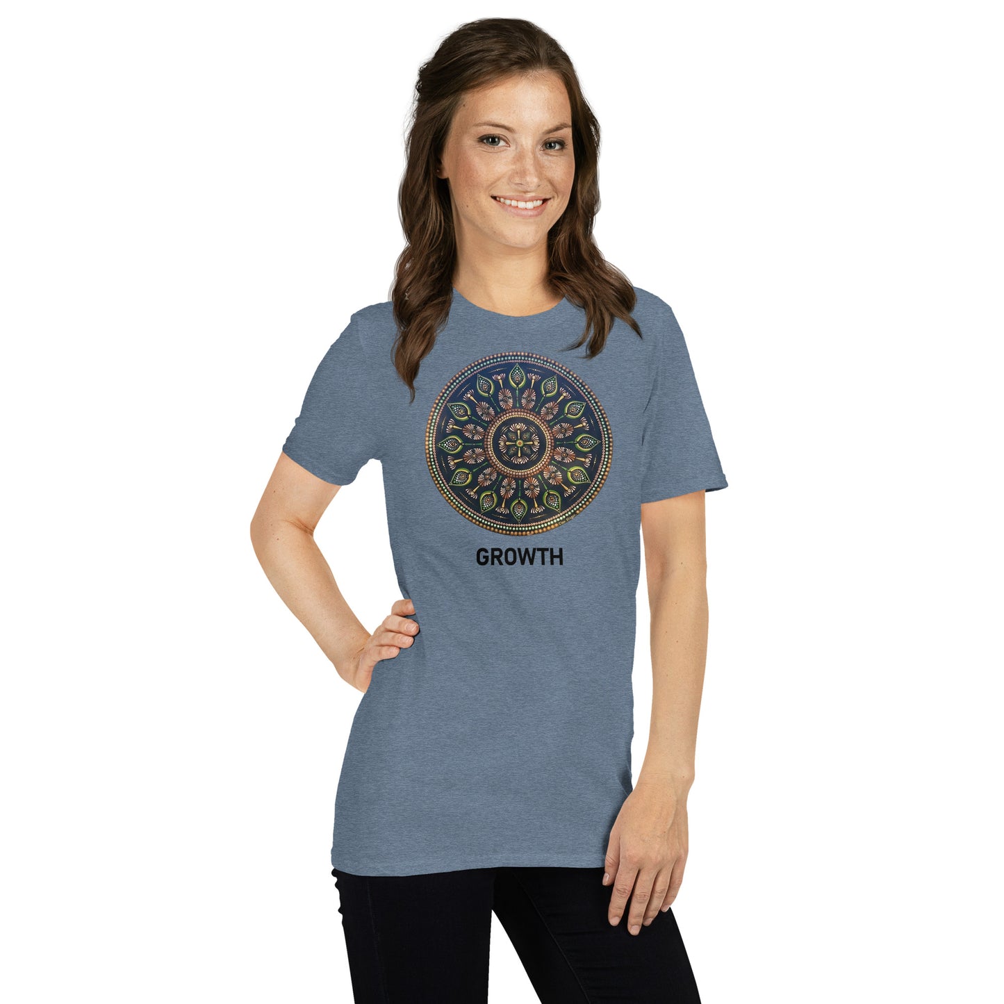 Unisex Softstyle T-Shirt (mandala with cross in the core | on front | GROWTH in black lettering)