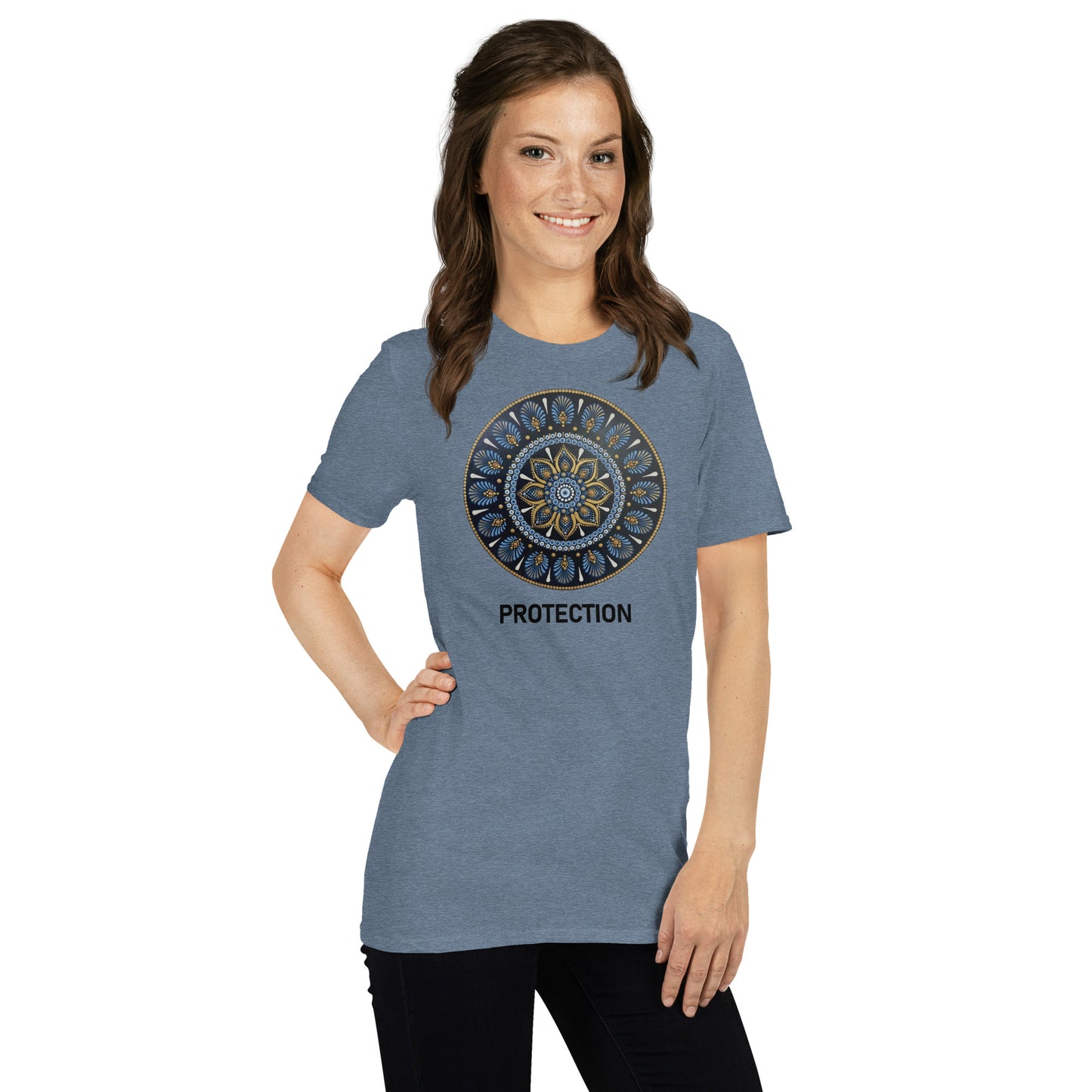 Unisex Softstyle T-Shirt (mandala with gold outer rim | on front | PROTECTION in black lettering)
